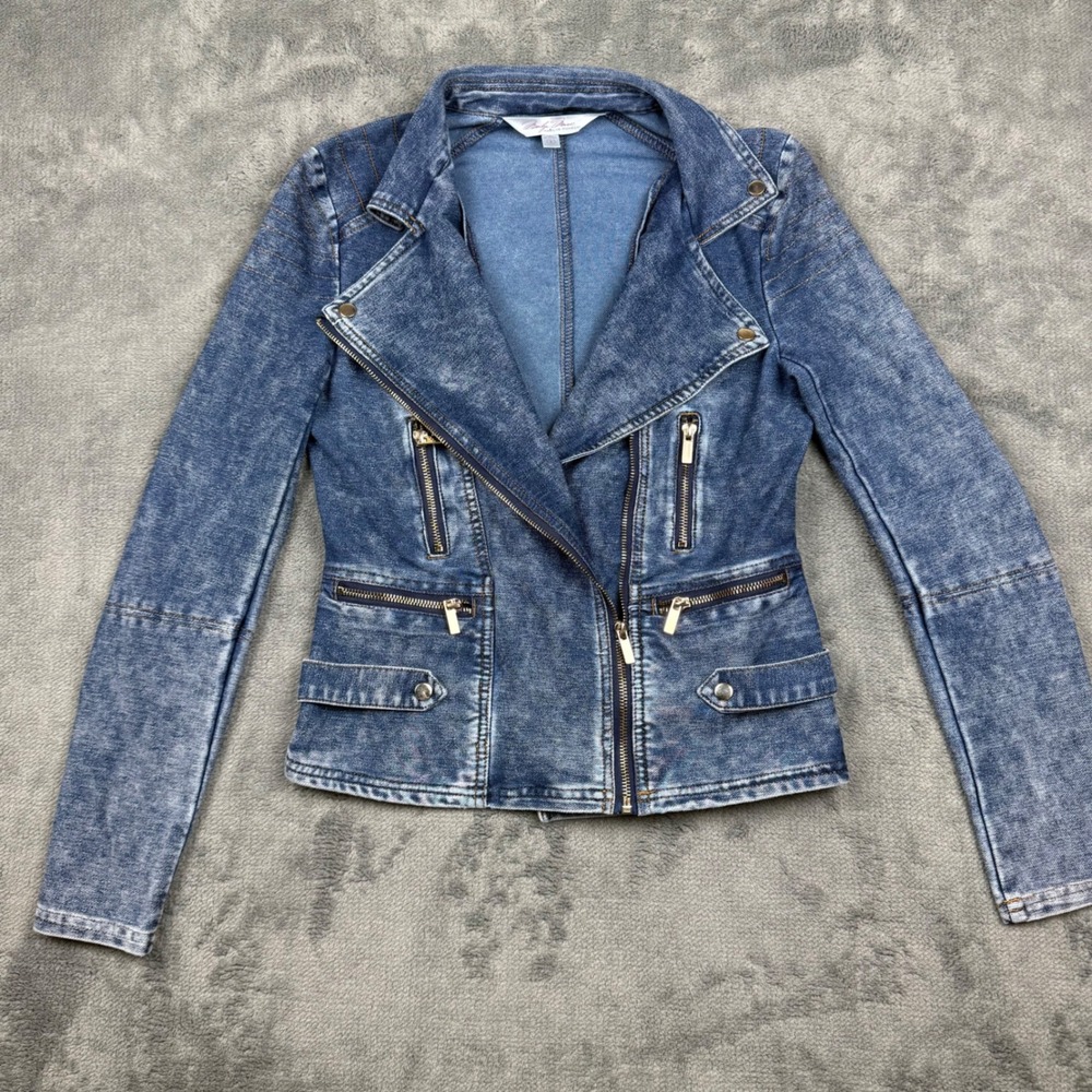 Marilyn Monroe Womens Acid Wash Denim Moto Jacket Blue Asymmetric Zip Small